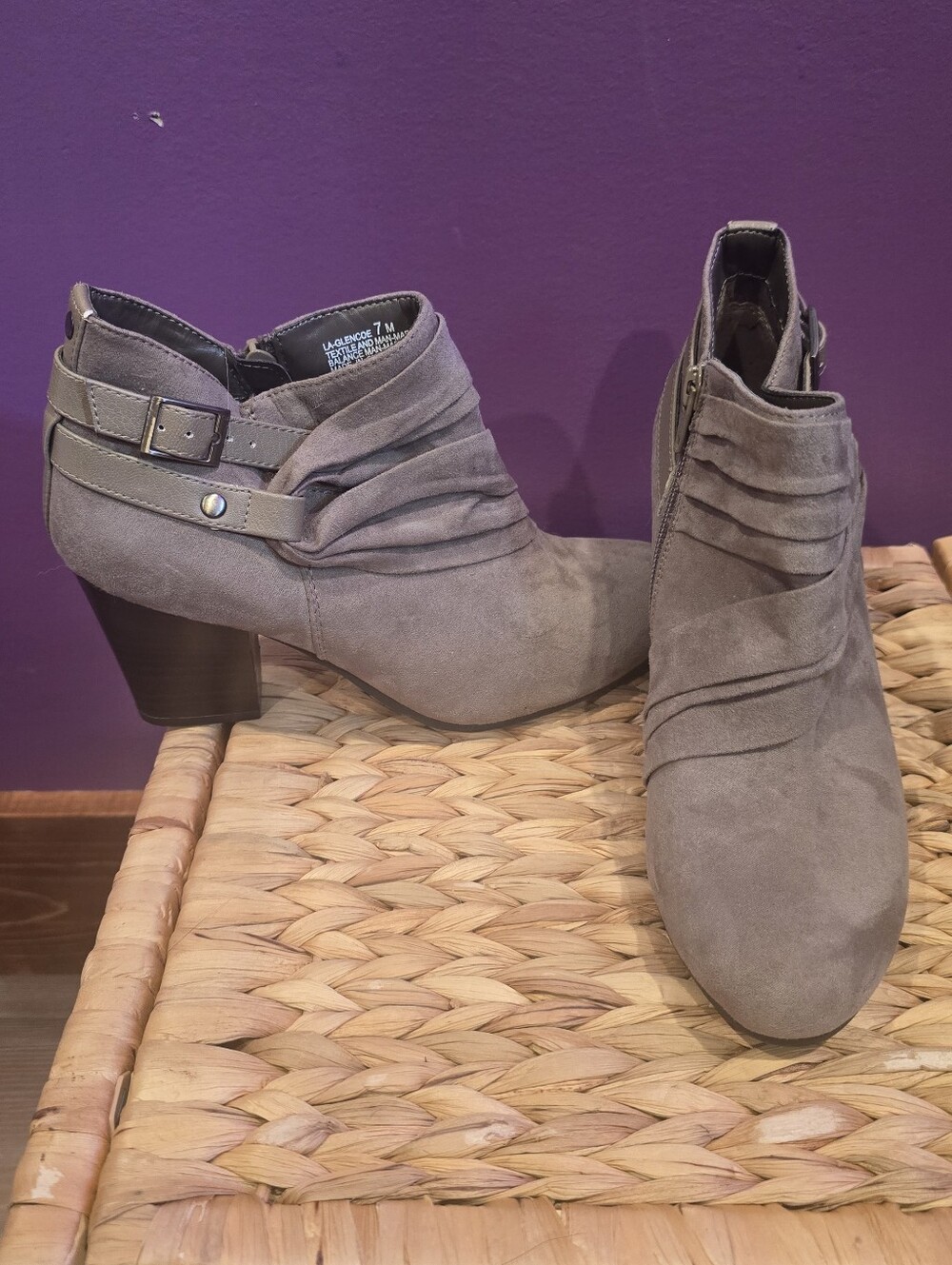 Laura Ashley Taupe Suede Ankle Booties with Buckle Strap